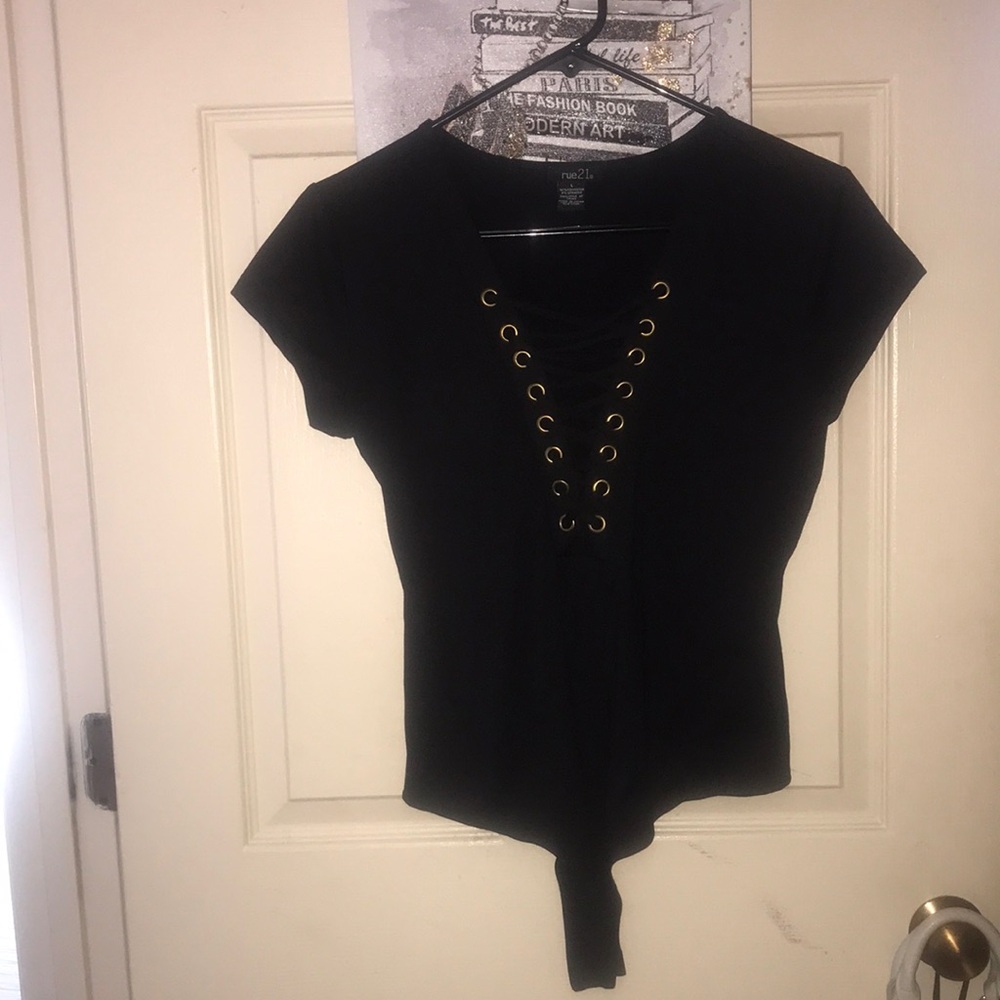 Sexy Rue 21 Black Crisscrossed Deep V Bodysuit Size Large